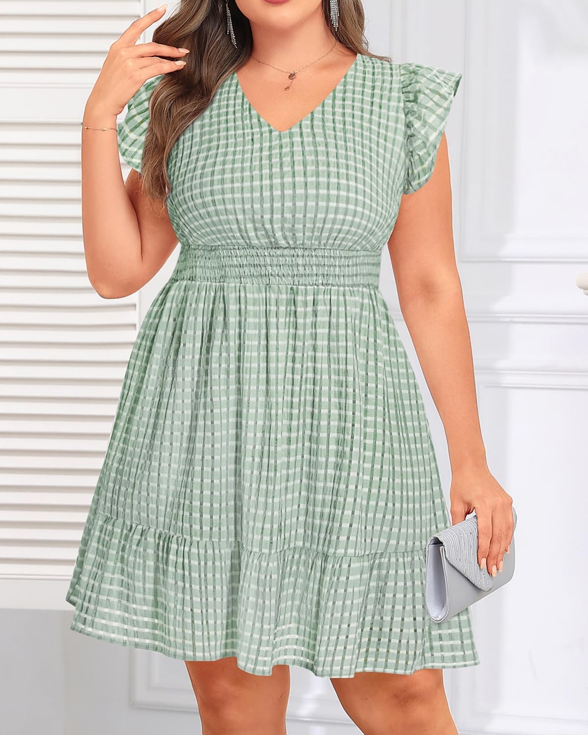 Talisea Women’s Plus Size Summer Dress – Casual V-Neck Flutter Sleeves A-Line Short Sun Dress with Pockets for Beach Vacation(Green)