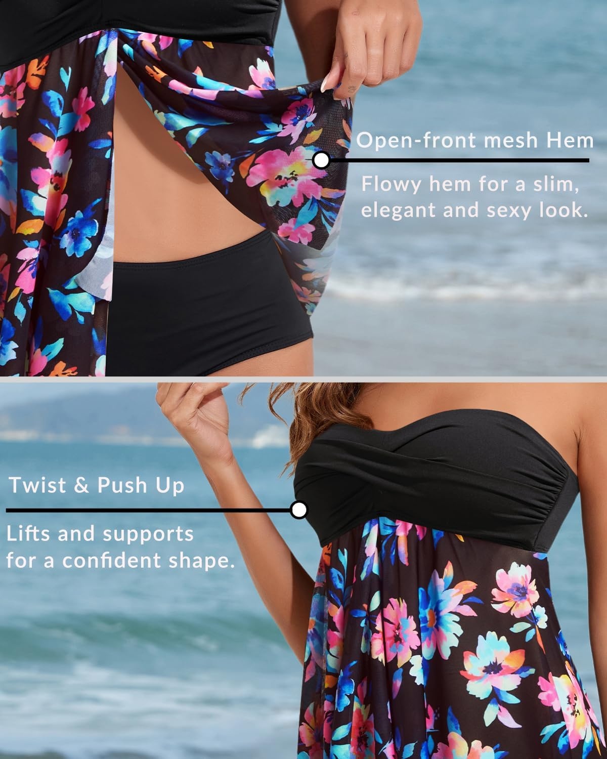 Talisea Women Bandeau Tankini Top Only Mesh Strapless Swimsuits Top Halter Flyaway Bathing Suits No Bottom(Colorful Floral)