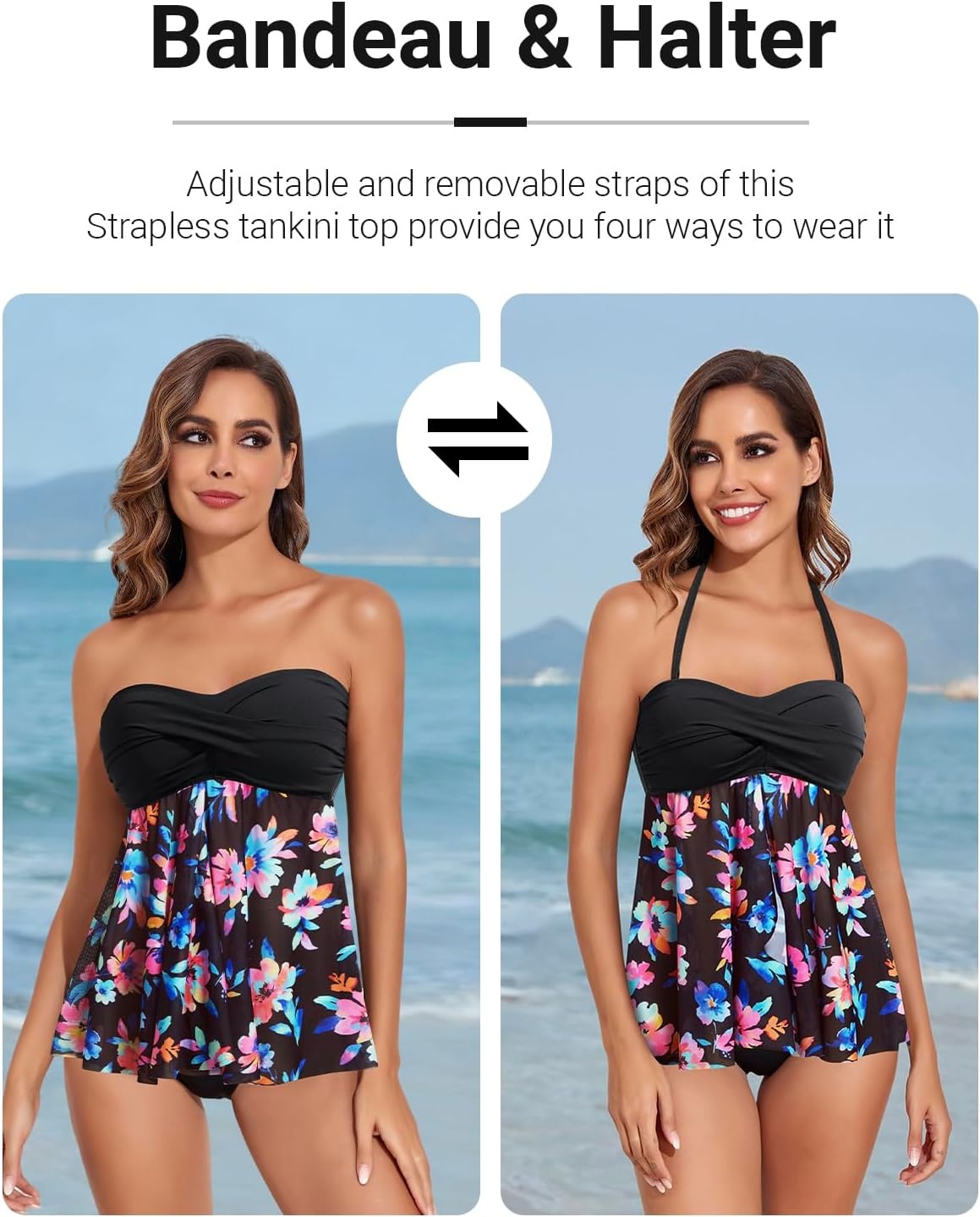 Talisea Women Bandeau Tankini Top Only Mesh Strapless Swimsuits Top Halter Flyaway Bathing Suits No Bottom(Colorful Floral)
