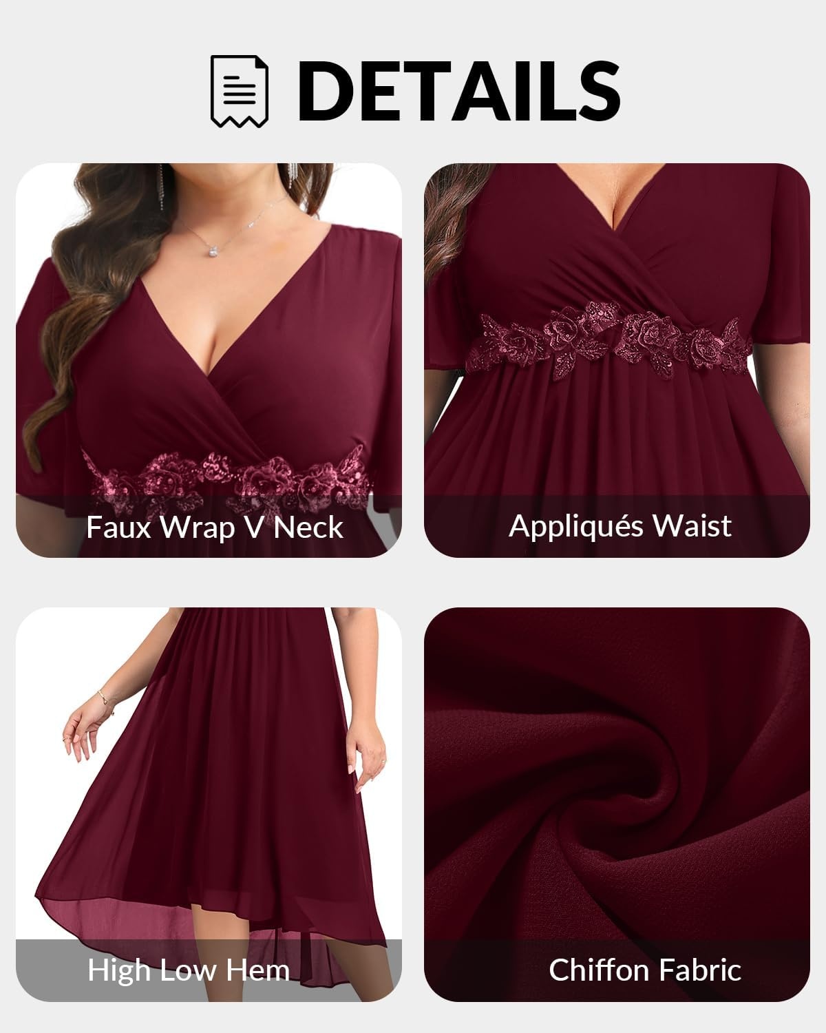 Talisea Burgundy Plus Size Dresses Formal Wedding Guest Cocktail Bridesmaid Fall Chiffon V Neck Sleeve High Low Dress Women