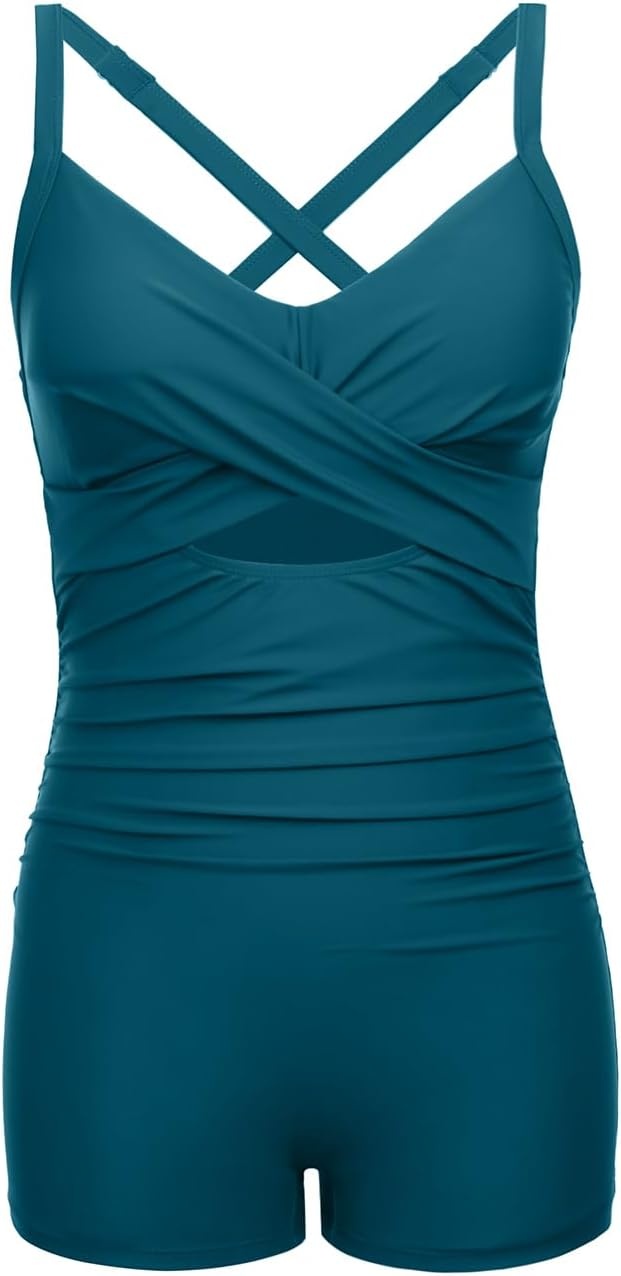 Talisea Women’s One Piece Swimsuit with Shorts Boyshorts Boyleg 2025 Cutout Bathing Suit Criss Cross Swimwear(Teal)