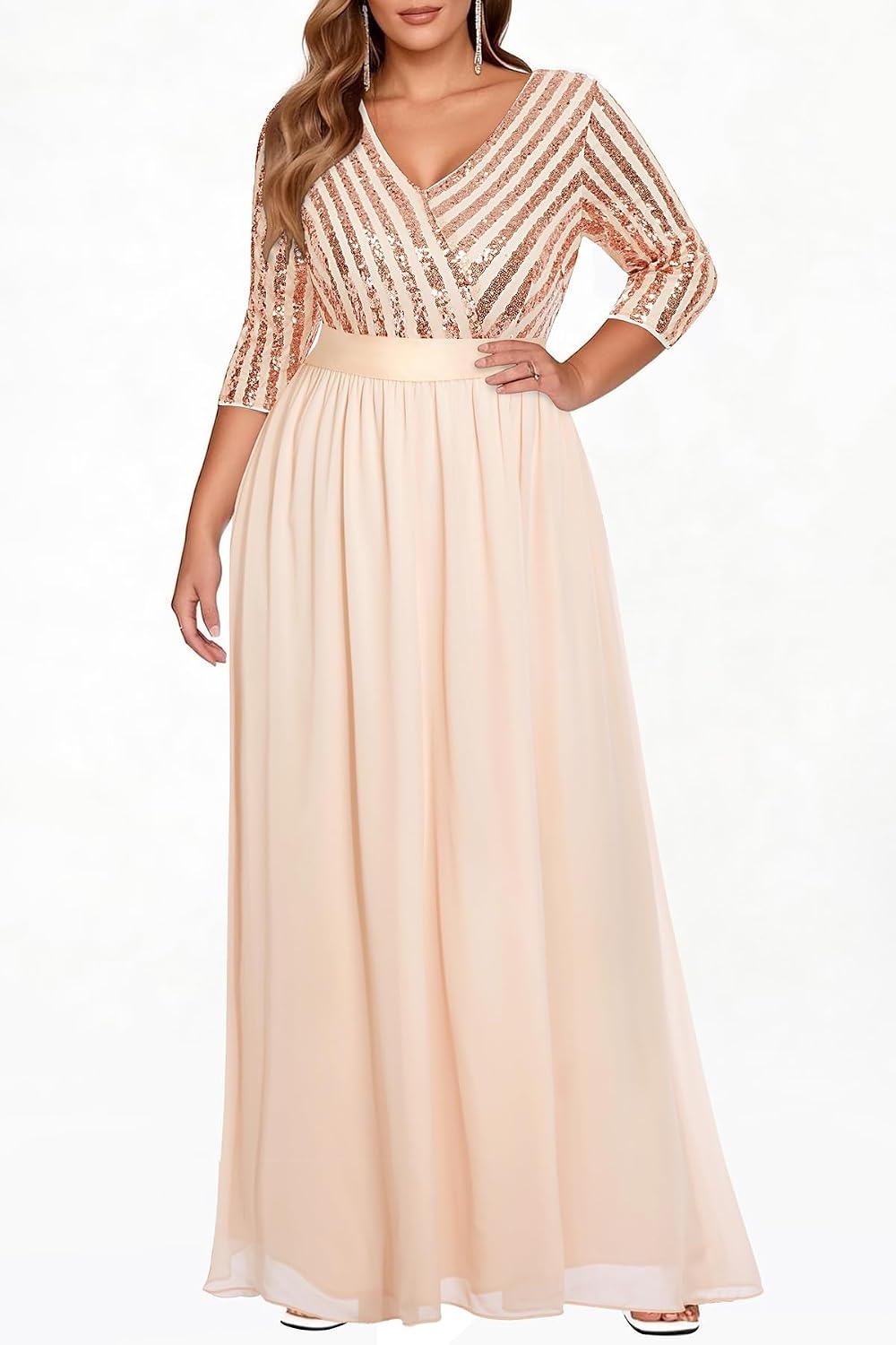 Plus Size Formal Dresses V Neck 3/4 Sleeve Sequin Prom Evening Maxi Dress(Rose Gold)