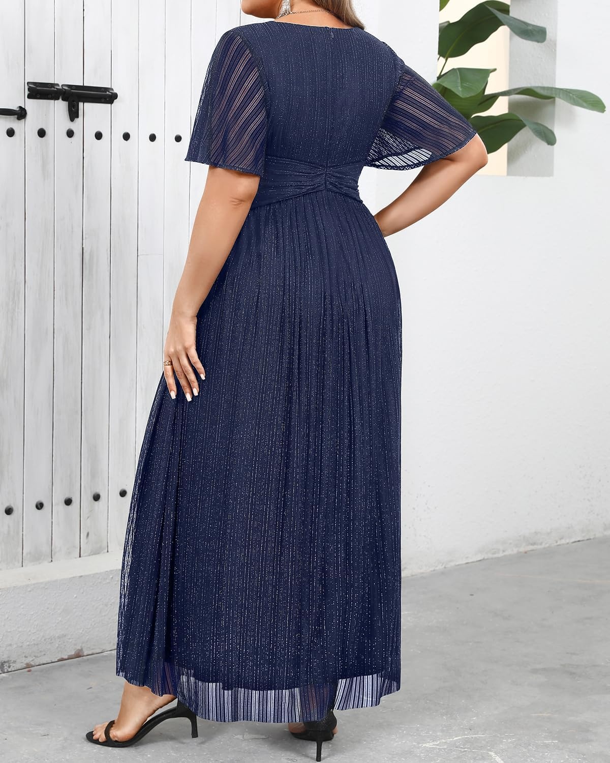 Plus Size Formal Dresses – Wedding Guest Evening Gown Sparkly Sequin Prom Gala Ball Maxi Dress with Short Sleeves(Navy Blue)