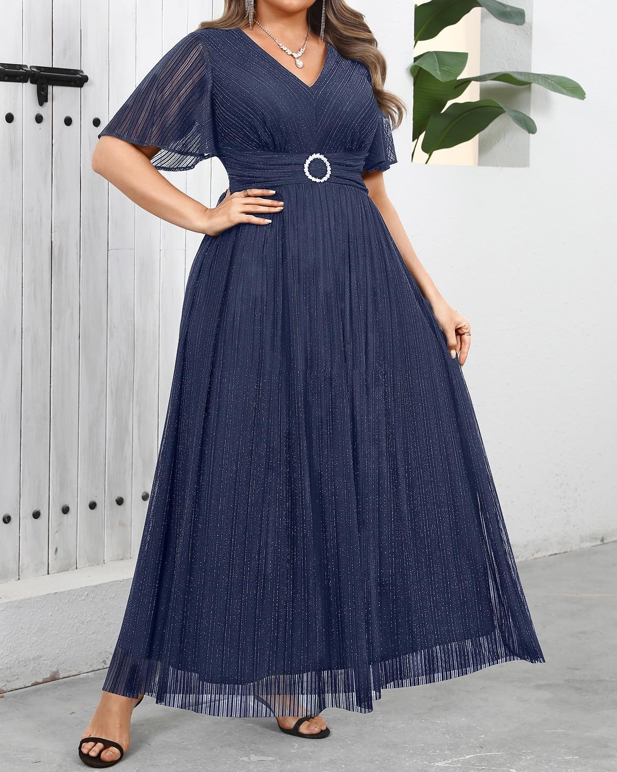 Plus Size Formal Dresses – Wedding Guest Evening Gown Sparkly Sequin Prom Gala Ball Maxi Dress with Short Sleeves(Navy Blue)