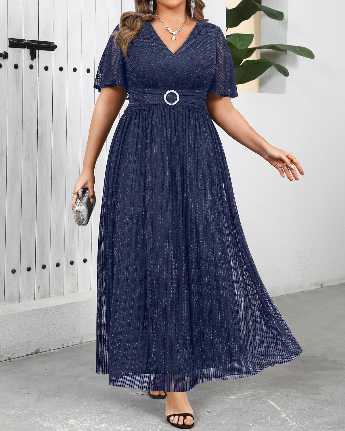 Plus Size Formal Dresses – Wedding Guest Evening Gown Sparkly Sequin Prom Gala Ball Maxi Dress with Short Sleeves(Navy Blue)