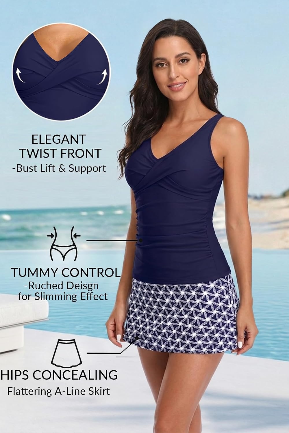 Talisea Womens Tankini Bathing Suits with Skirt Two Piece Tummy Control Swimsuits Ladies Swimwear(Blue Star)