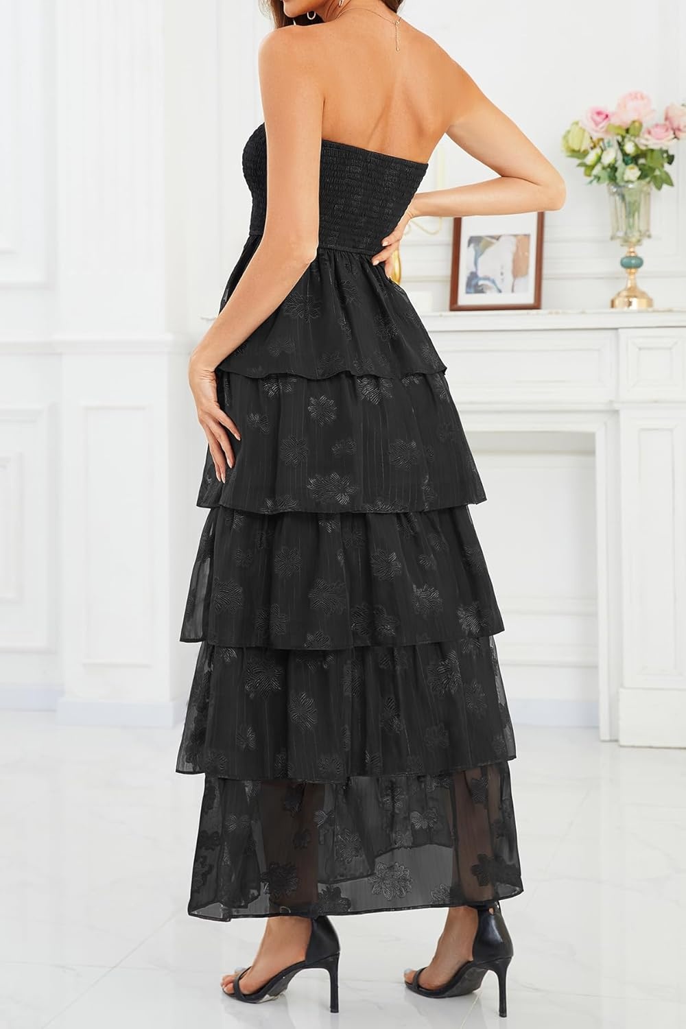 Talisea Women’s Strapless Maxi Dress – Smocked Textured Jacquard Tiered Beach Wedding Guest Summer Boho Dress with Lining(Black)