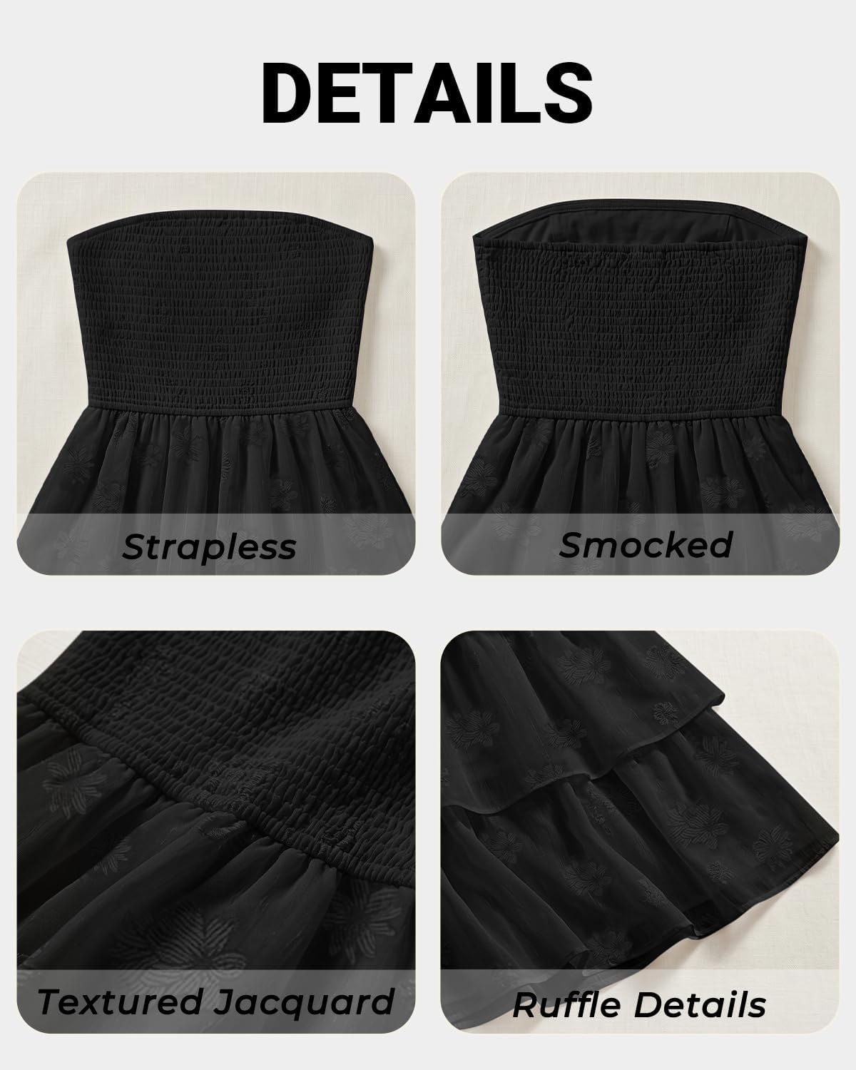 Talisea Women’s Strapless Maxi Dress – Smocked Textured Jacquard Tiered Beach Wedding Guest Summer Boho Dress with Lining(Black)
