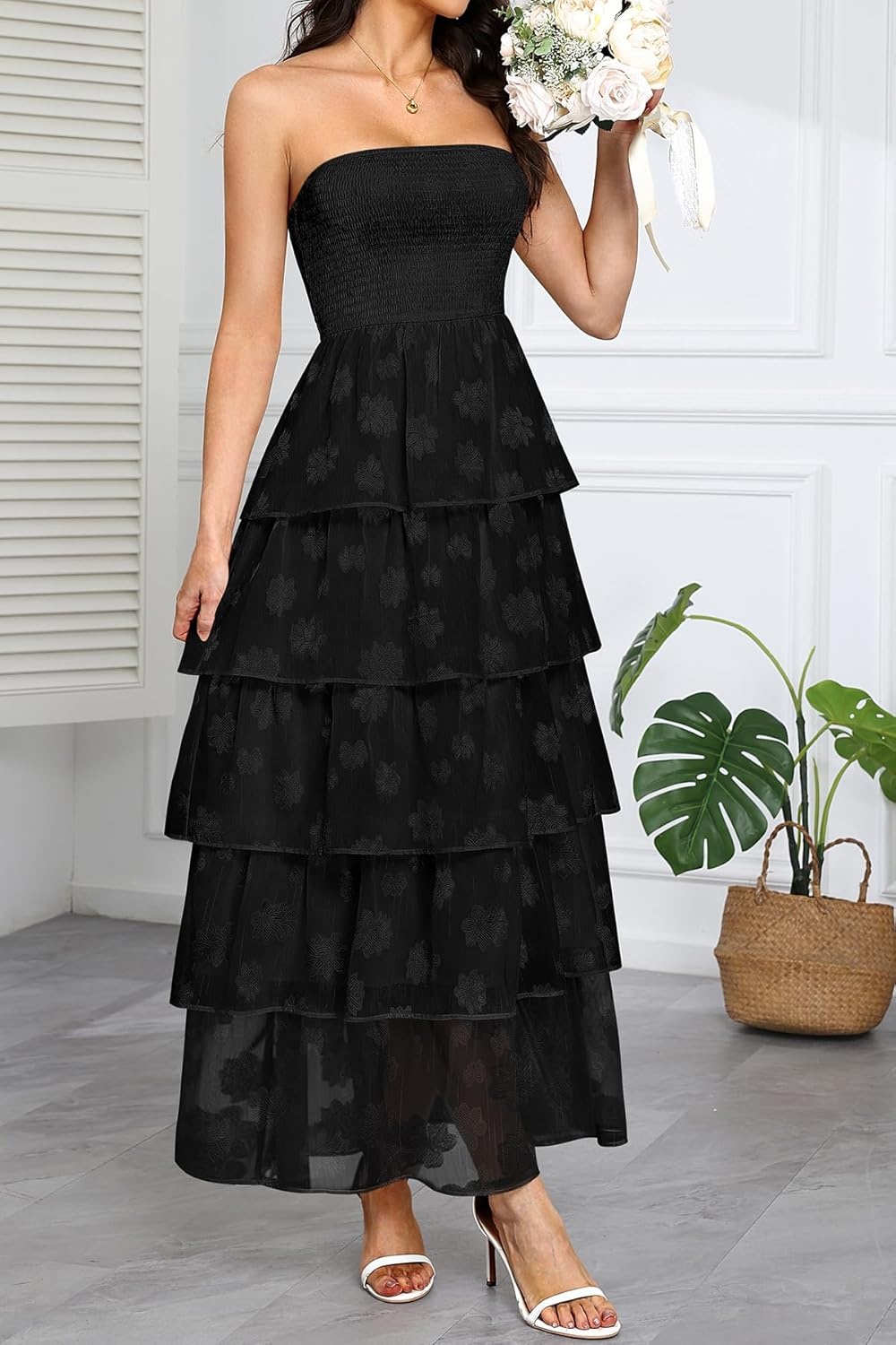 Talisea Women’s Strapless Maxi Dress – Smocked Textured Jacquard Tiered Beach Wedding Guest Summer Boho Dress with Lining(Black)