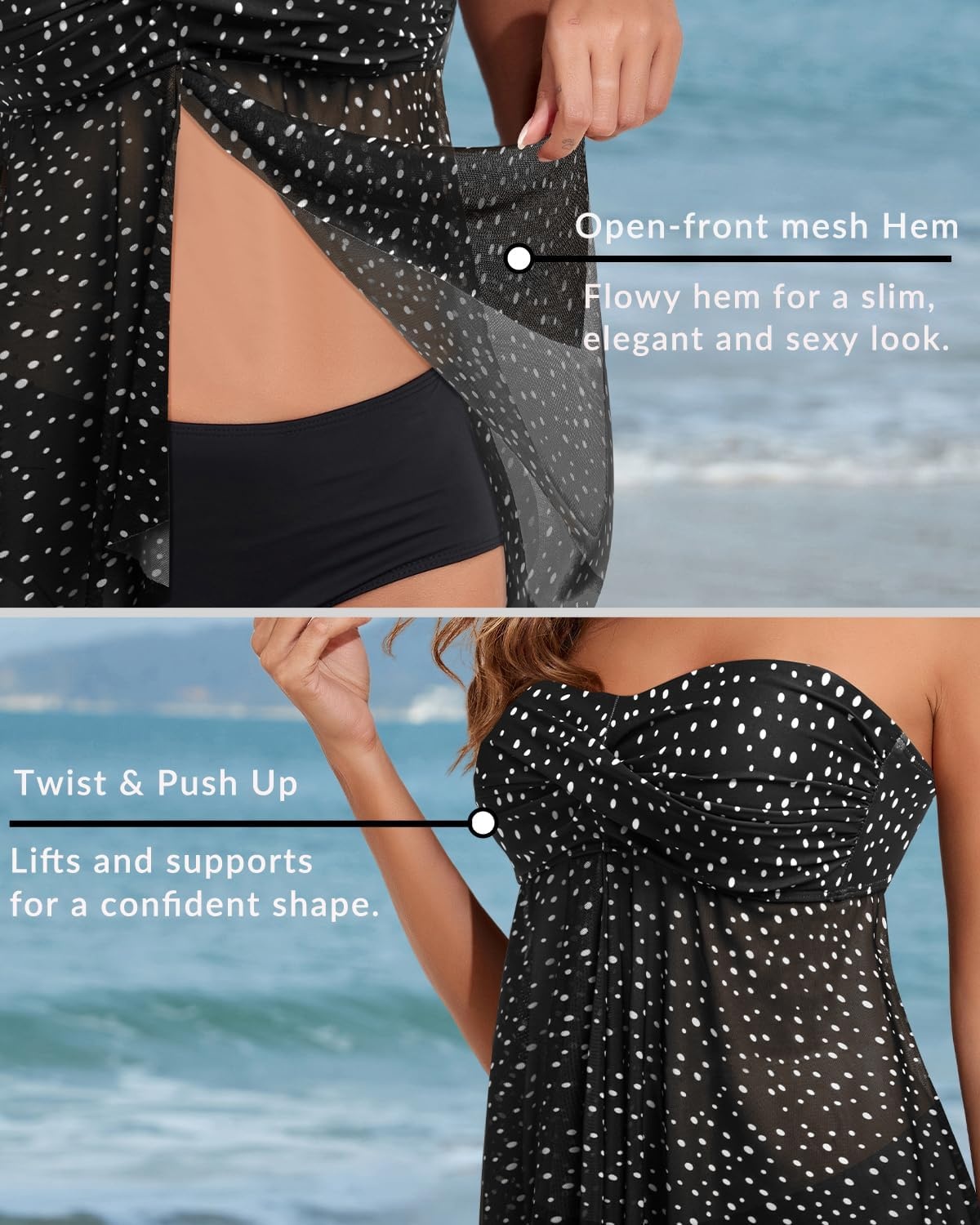 Talisea Women Bandeau Tankini Top Only Mesh Strapless Swimsuits Top Halter Flyaway Bathing Suits No Bottom(Black Dot)