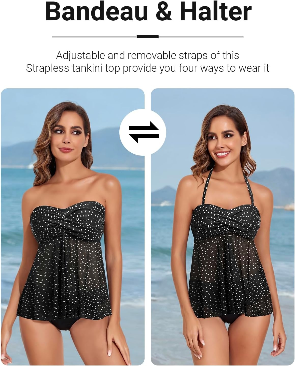 Talisea Women Bandeau Tankini Top Only Mesh Strapless Swimsuits Top Halter Flyaway Bathing Suits No Bottom(Black Dot)
