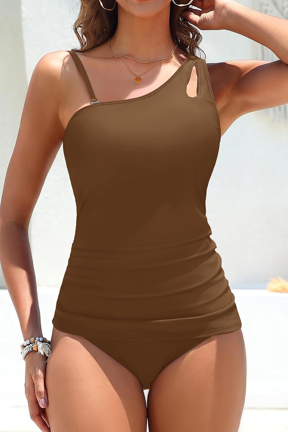 Talisea Two Piece Tankini Bathing Suit One Shoulder Swimsuit for Women Tummy Control Swimwear(Brown)