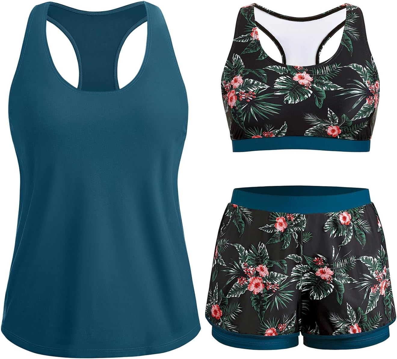 Talisea 3 Piece Tankini Swimsuits Women – Athletic Swim Tank Top with Bra and Boyshorts Bathing Suits Modest Swimwear 2026(Teal and Floral)