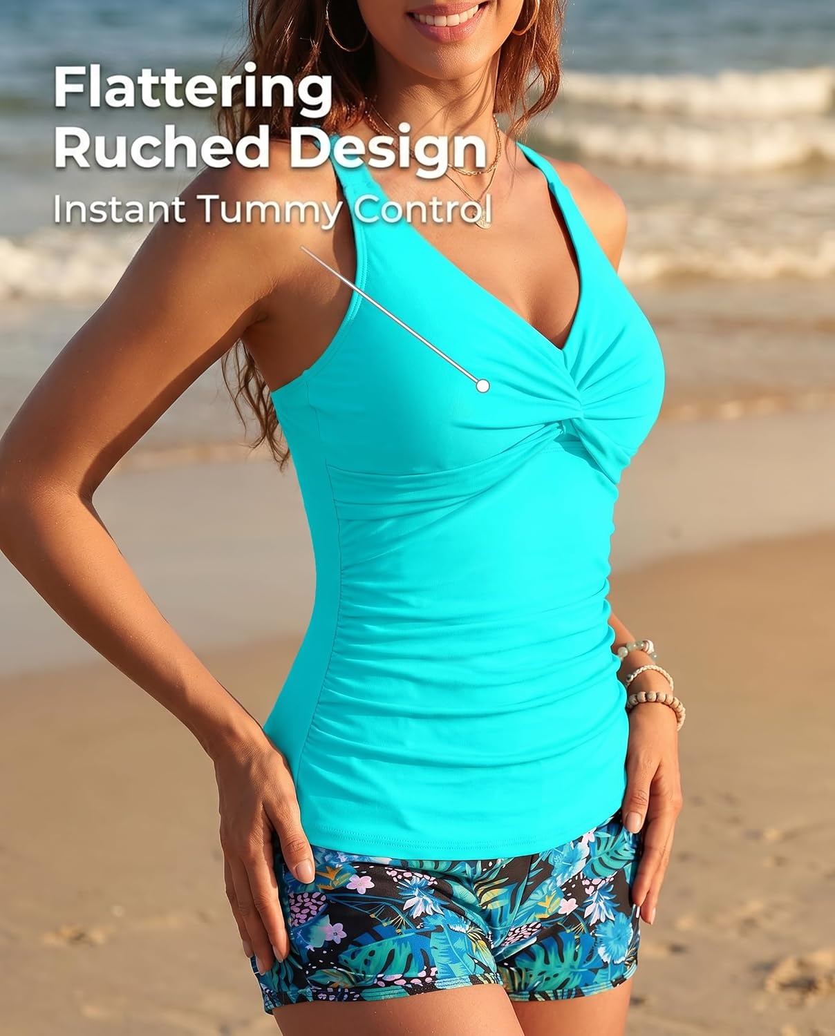 Tankini Bathing Suits with Skirt Two Piece Tummy Control Twist Swimsuits | Adjustable Straps,Slimming Ruching Design,Chic Twist Front and V-Neck,Built-In Safety Brief(Blue Leaves With Shorts)