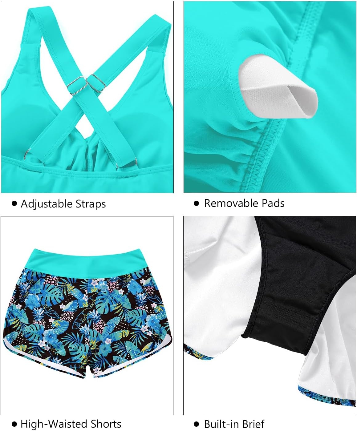 Tankini Bathing Suits with Skirt Two Piece Tummy Control Twist Swimsuits | Adjustable Straps,Slimming Ruching Design,Chic Twist Front and V-Neck,Built-In Safety Brief(Blue Leaves With Shorts)