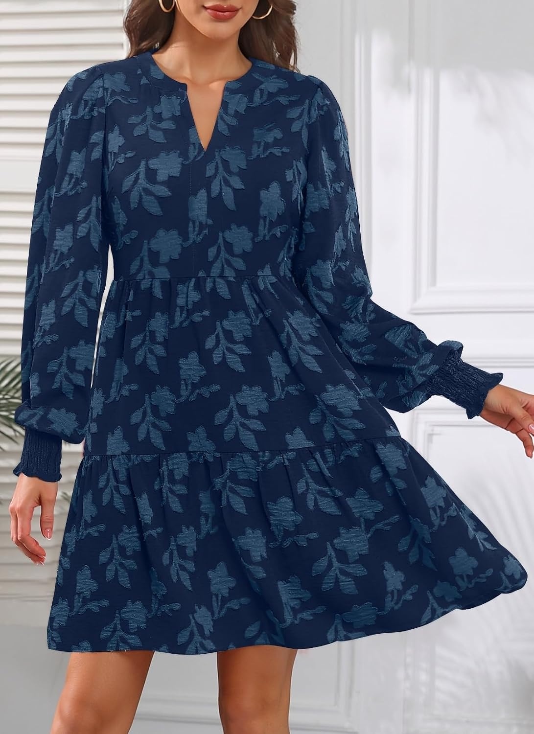 Womens V Neck Floral Babydoll Tiered Tunic Dress | V neck / textured floral / tiered babydoll / flowy tunic / fall summer casual dress(Navy Blue)
