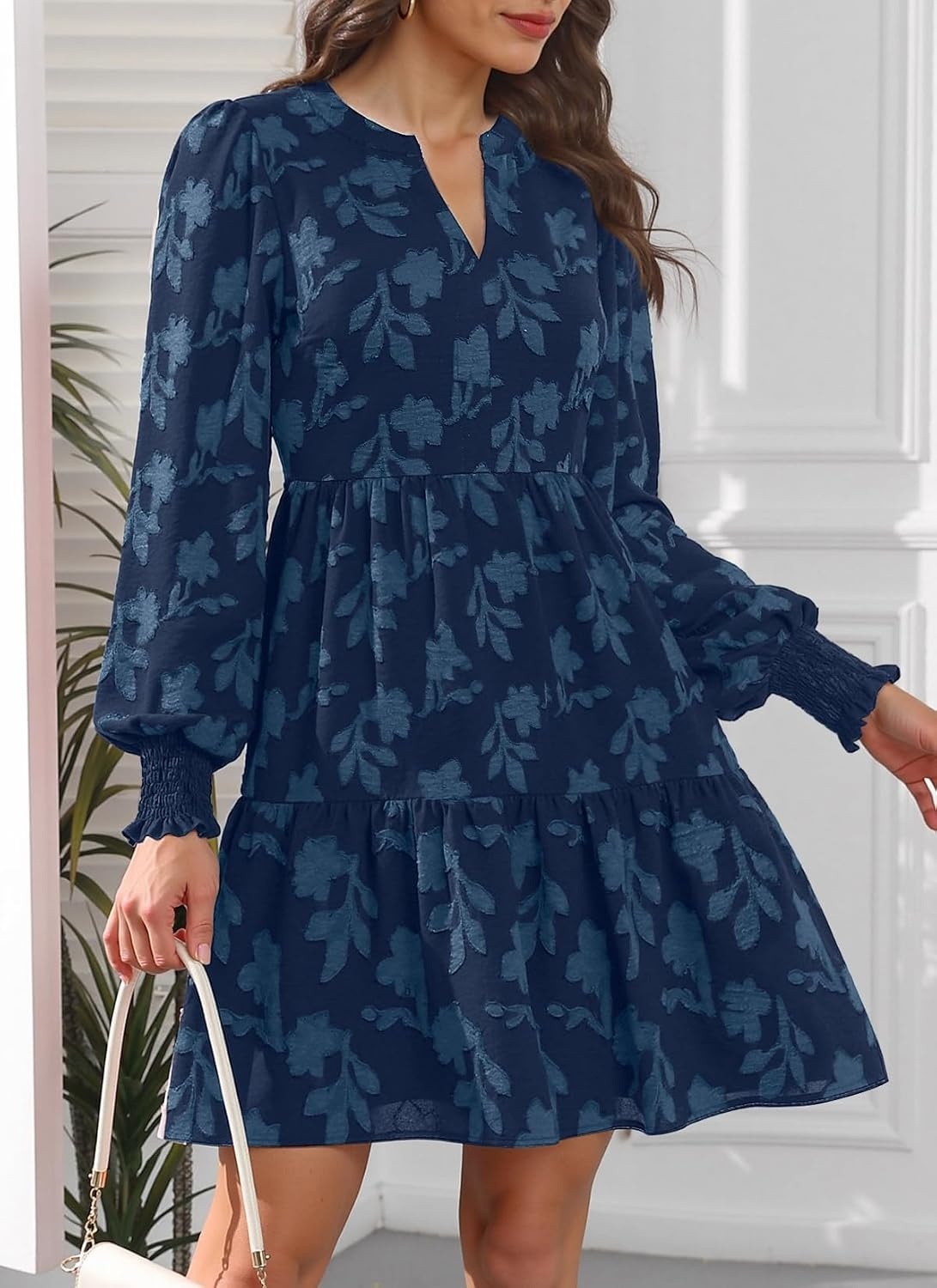Womens V Neck Floral Babydoll Tiered Tunic Dress | V neck / textured floral / tiered babydoll / flowy tunic / fall summer casual dress(Navy Blue)