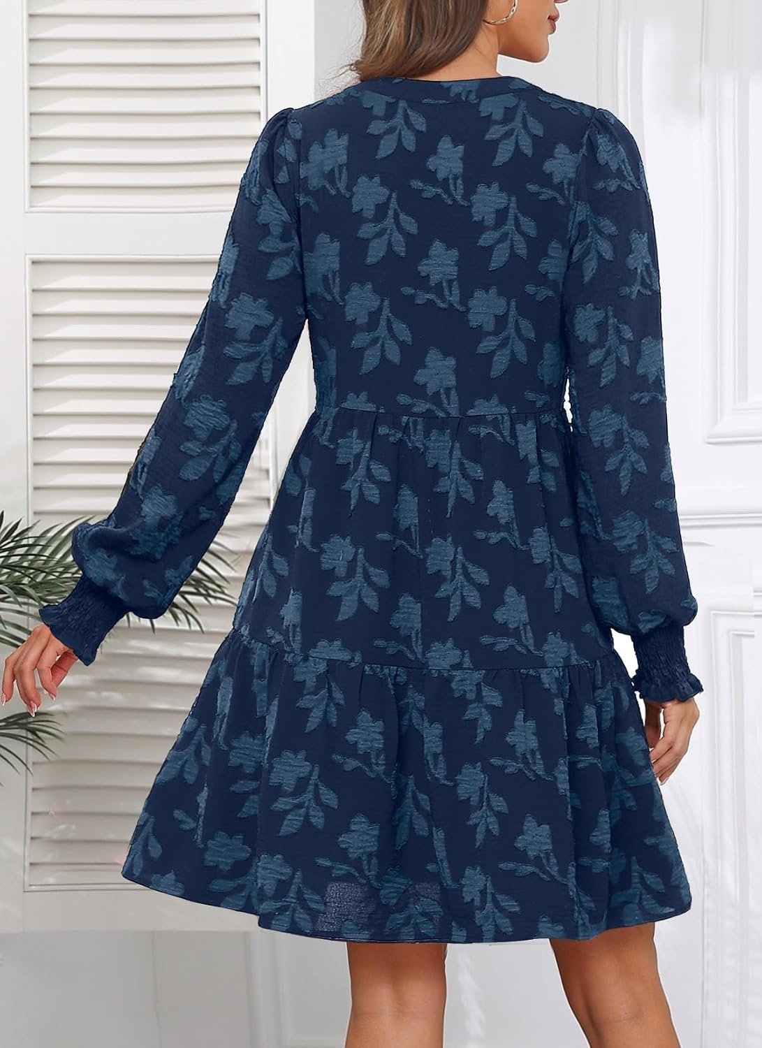 Womens V Neck Floral Babydoll Tiered Tunic Dress | V neck / textured floral / tiered babydoll / flowy tunic / fall summer casual dress(Navy Blue)