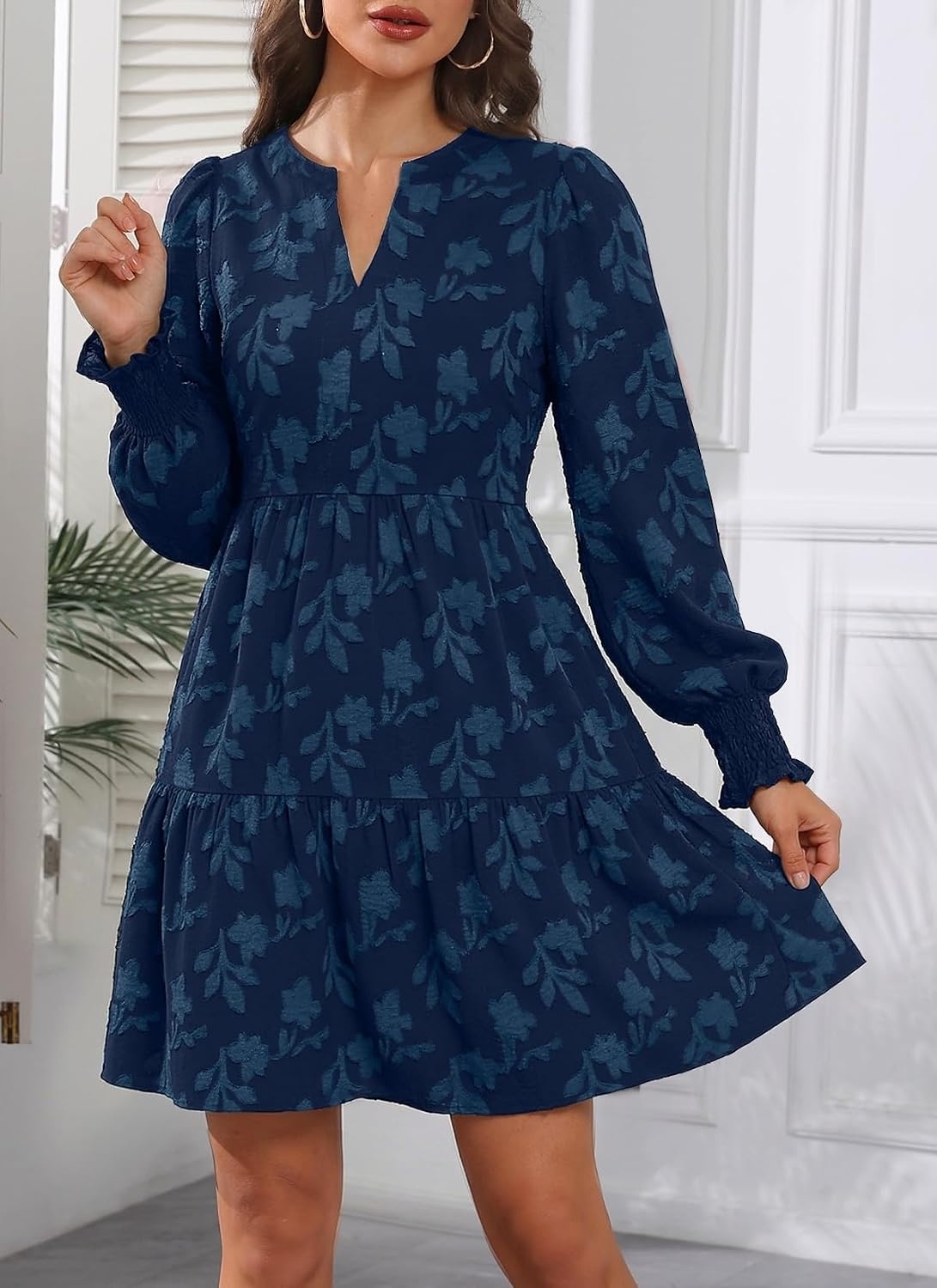 Womens V Neck Floral Babydoll Tiered Tunic Dress | V neck / textured floral / tiered babydoll / flowy tunic / fall summer casual dress(Navy Blue)