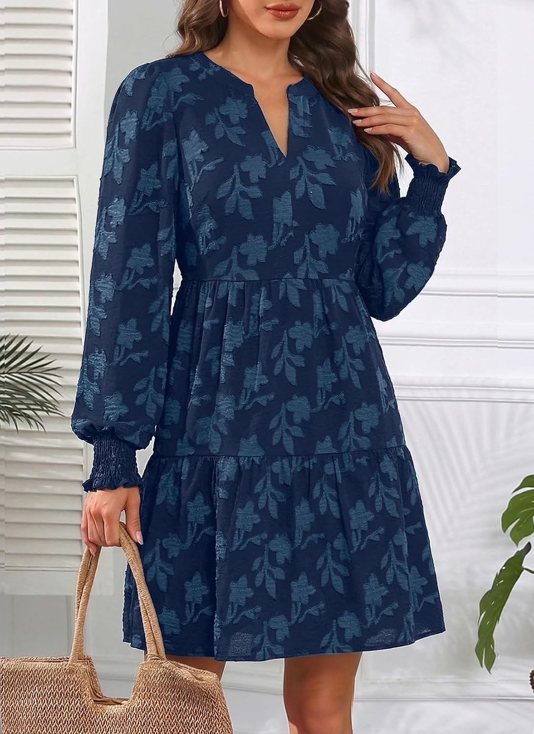 Womens V Neck Floral Babydoll Tiered Tunic Dress | V neck / textured floral / tiered babydoll / flowy tunic / fall summer casual dress(Navy Blue)