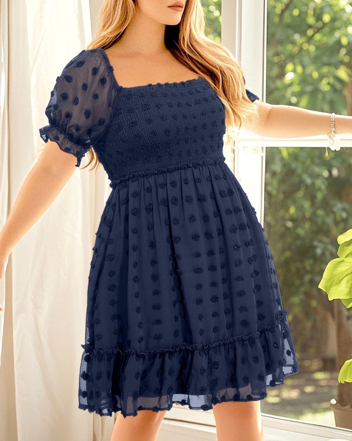Plus Size Square Neck Puff Sleeve Swiss Dot Graduation Dress | Swiss dot chiffon / square neck / puff sleeves / smocked bodice / tiered ruffle hem / flowy short dress(Navy Blue)