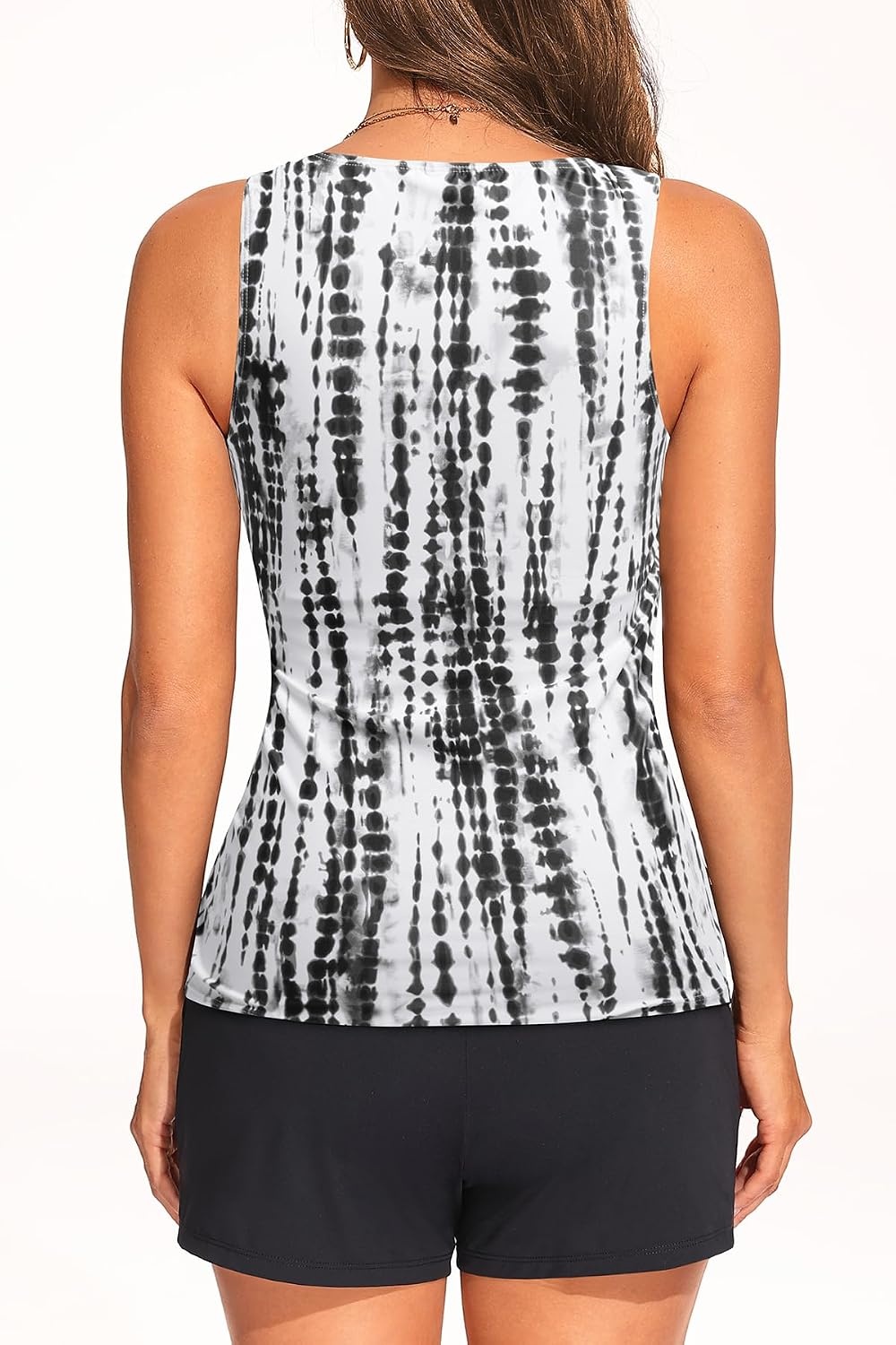 Tankini Swimsuits with Shorts – Tummy Control Bathing Suits with Pockets | High-neck tankini offers modest coverage. Flattering ruched front hides belly. Two side pockets for essentials.(Black Tie Dye)