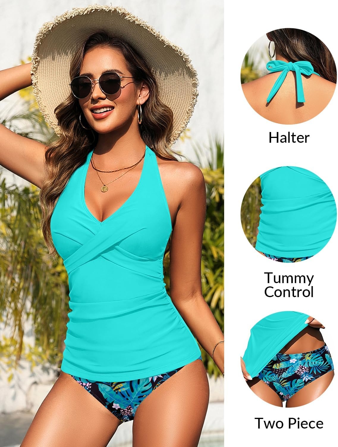 Womens Halter Tankini Swimsuit – Tummy Control Bathing Suit Two Piece Swimsuit V Neck Swimwear 2025(Blue Leaves)