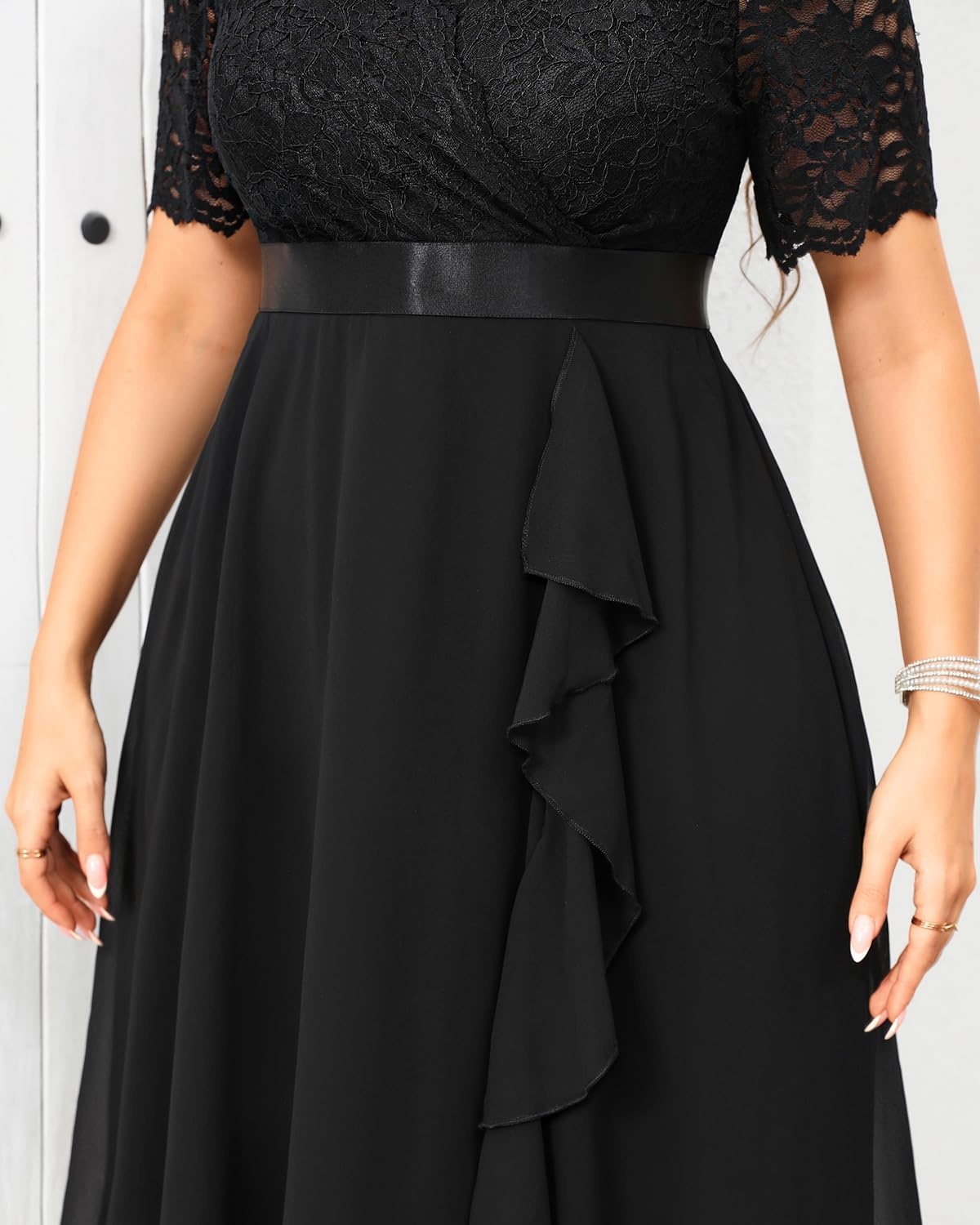 Talisea Plus Size Wedding Guest Lace Chiffon Ruffle Tea Length Dress | Delicate lace bodice / ruffle chiffon skirt / elegant V neck / tea length / light flowy movement(Black)