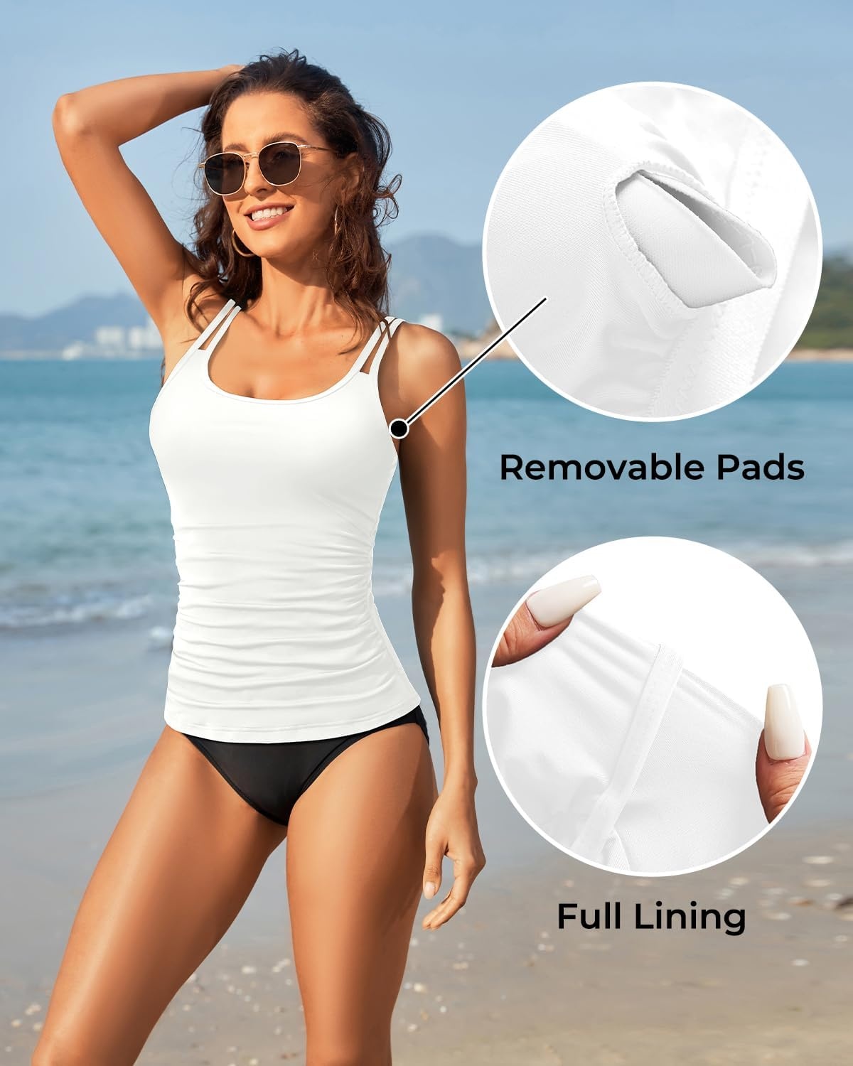 Women Tankini Swim Top Only – Tummy Control Swimsuit Bathing Suit Top | Smooths your tummy for a flattering fit Adjustable straps for a customized feel Removable pads for customizable coverage(White)