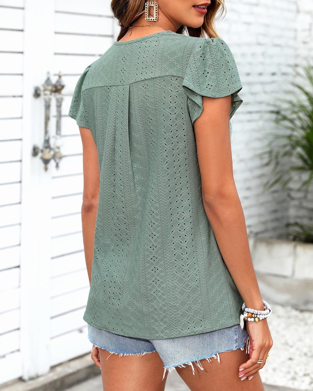 Talisea Women Summer Blouse Ruffle Short Sleeve V Neck Swiss Dot Dressy Casual Flowy Top Shirt(Green)