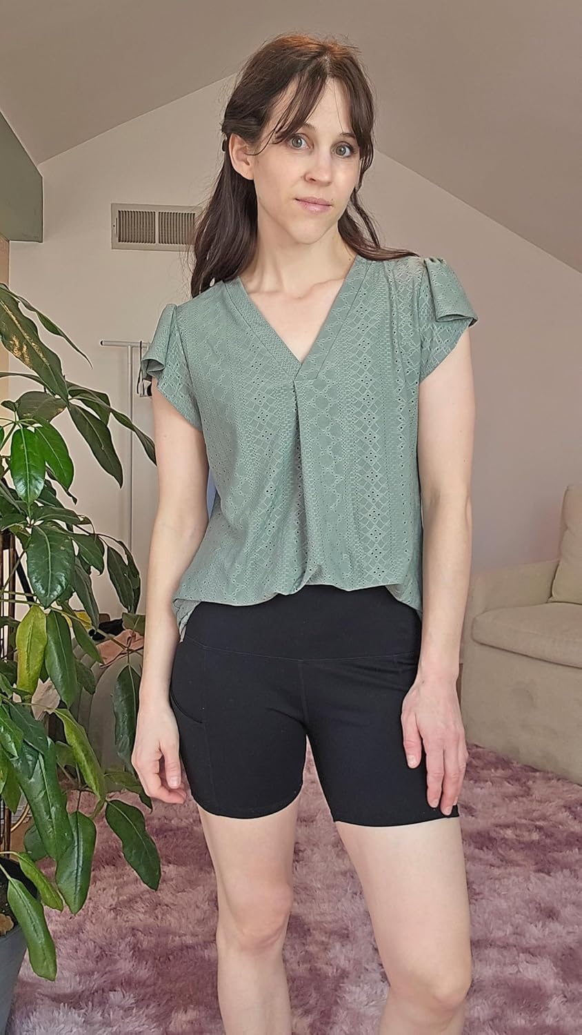 Talisea Women Summer Blouse Ruffle Short Sleeve V Neck Swiss Dot Dressy Casual Flowy Top Shirt(Green)