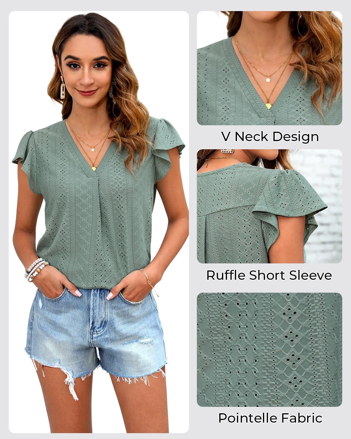 Talisea Women Summer Blouse Ruffle Short Sleeve V Neck Swiss Dot Dressy Casual Flowy Top Shirt(Green)