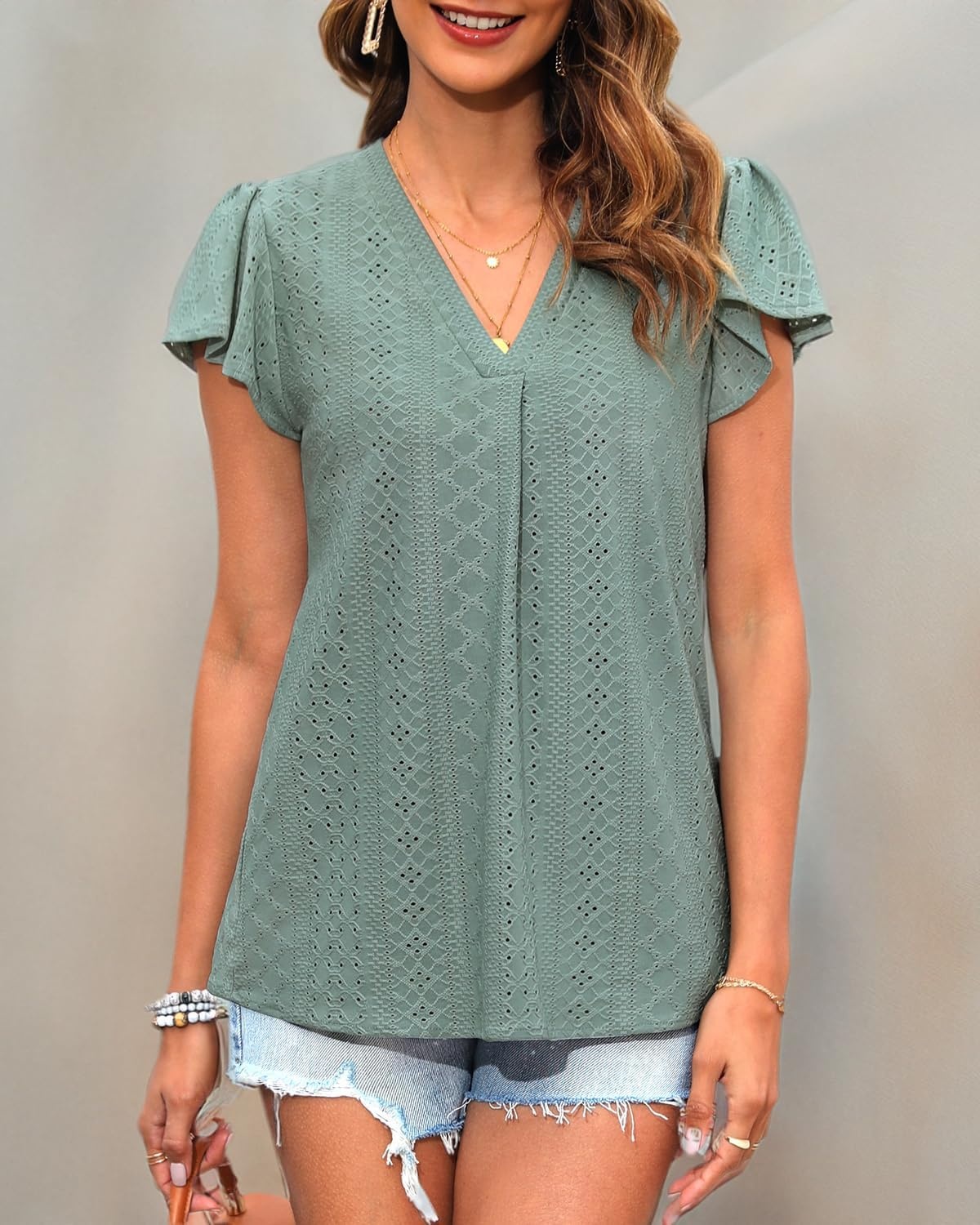 Talisea Women Summer Blouse Ruffle Short Sleeve V Neck Swiss Dot Dressy Casual Flowy Top Shirt(Green)
