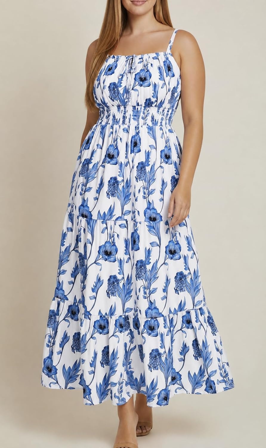 Talisea Plus Size Summer Dress – Boho Spaghetti Strap Maxi Dress Women(Blue Floral)