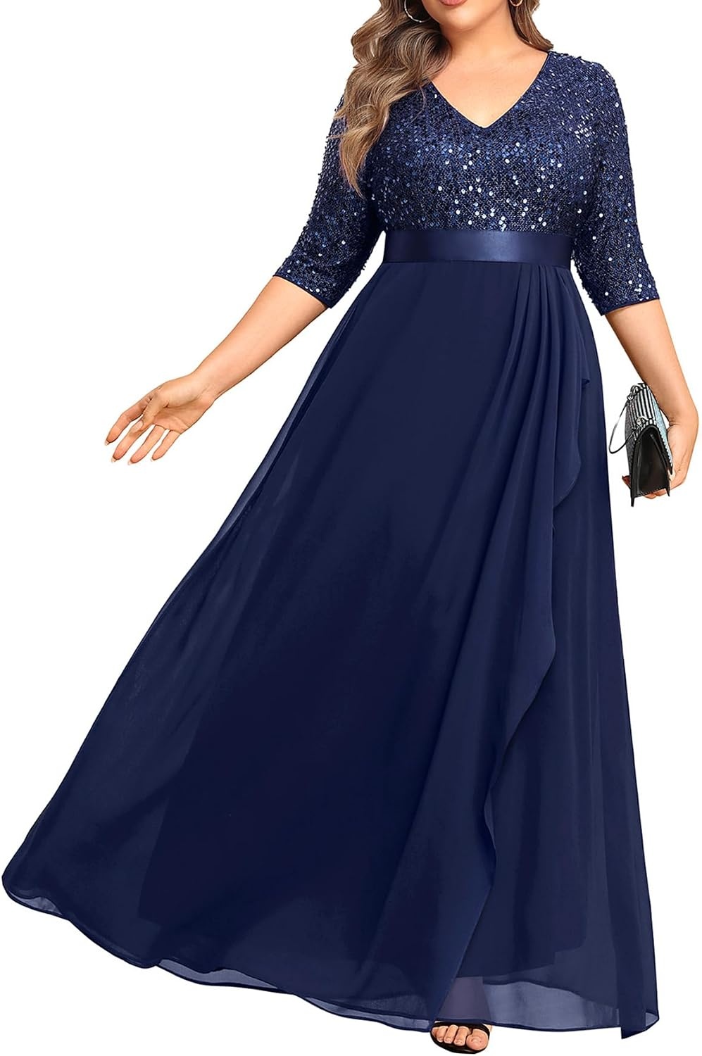 Talisea Women Plus Size Sequin Formal Evening Gown V-Neck Ruffle Maxi Dress(Navy Blue)