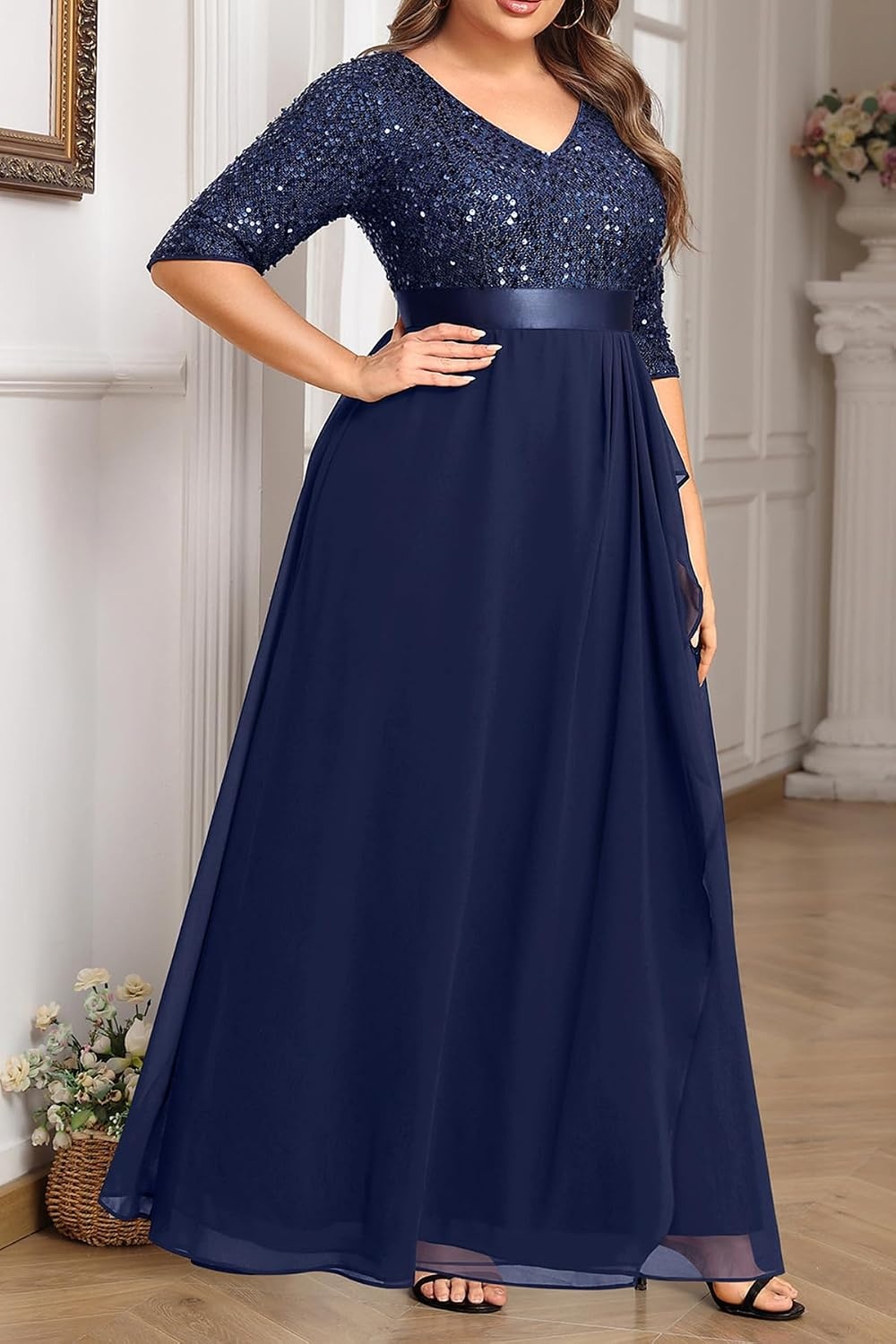 Talisea Women Plus Size Sequin Formal Evening Gown V-Neck Ruffle Maxi Dress(Navy Blue)