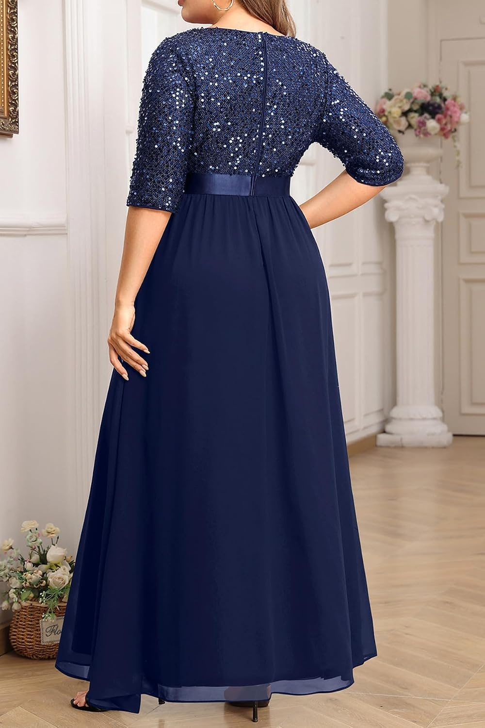 Talisea Women Plus Size Sequin Formal Evening Gown V-Neck Ruffle Maxi Dress(Navy Blue)