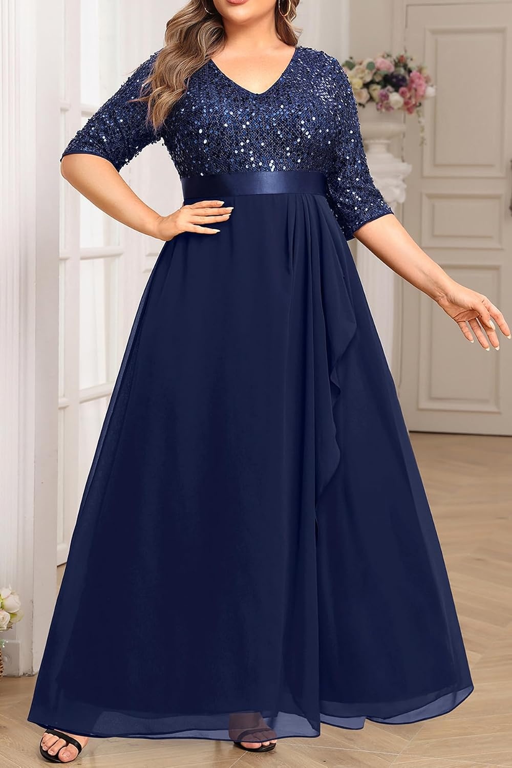 Talisea Women Plus Size Sequin Formal Evening Gown V-Neck Ruffle Maxi Dress(Navy Blue)
