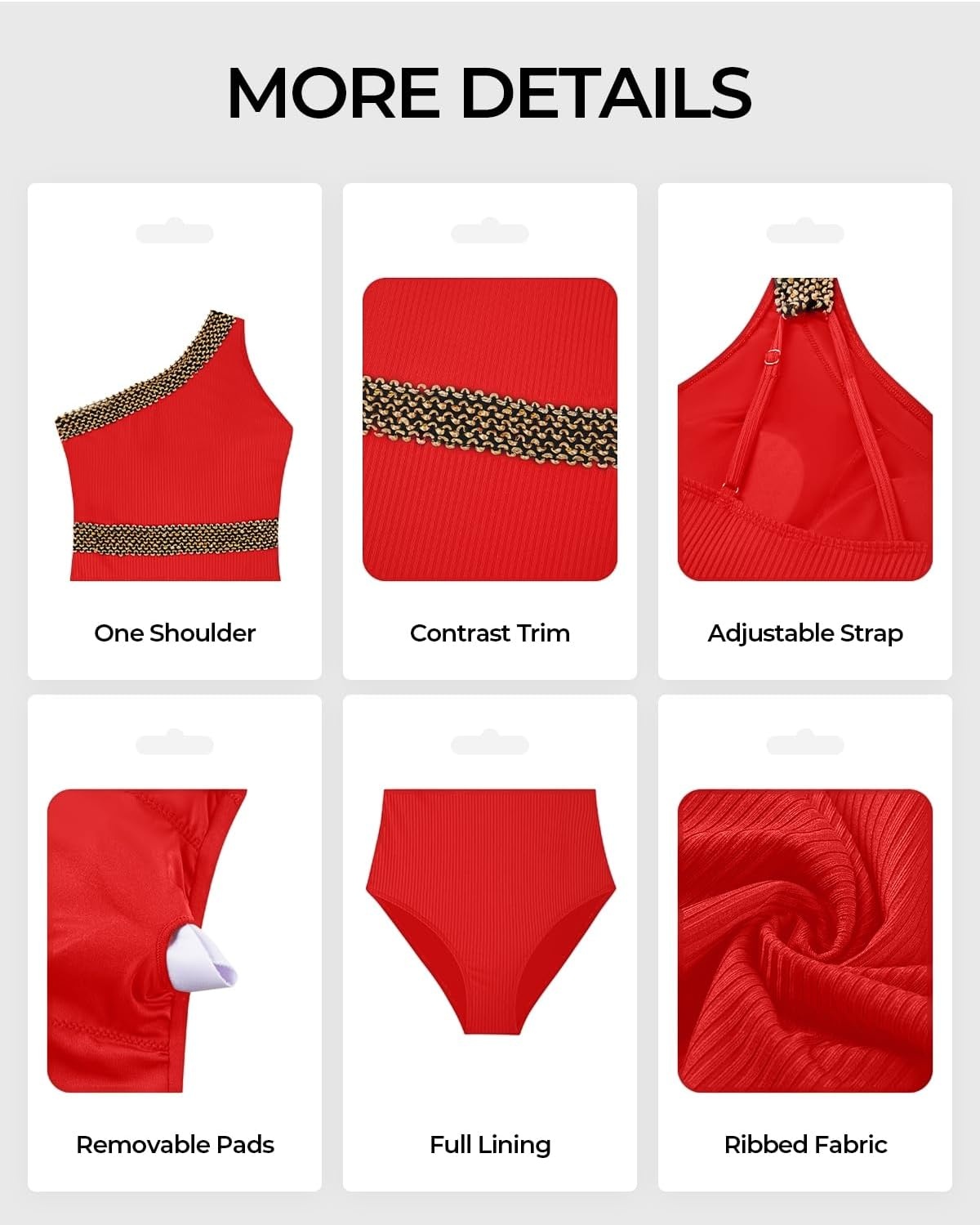 Talisea One Shoulder One Piece Swimsuits – Women Tummy Control Bathing Suit with Tie Knot Swimwear Full Coverage(Red With Gold Trim)