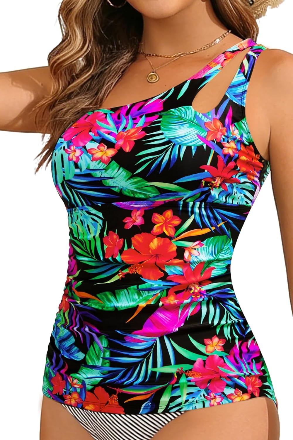 Tankini Tops for Women Swimwear – One Shoulder Swim Top Only Tummy Control Bathing Suit Top No Bottom 2025(Floral)