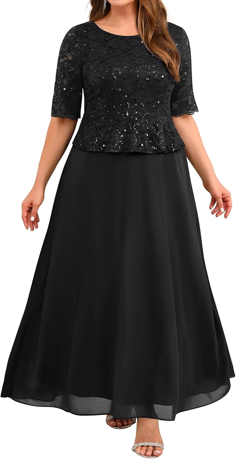 Plus Size Formal Dresses – Mother of The Bride Evening Gowns Wedding Guest Sequin Lace Bodice Long Dress Women(Black)