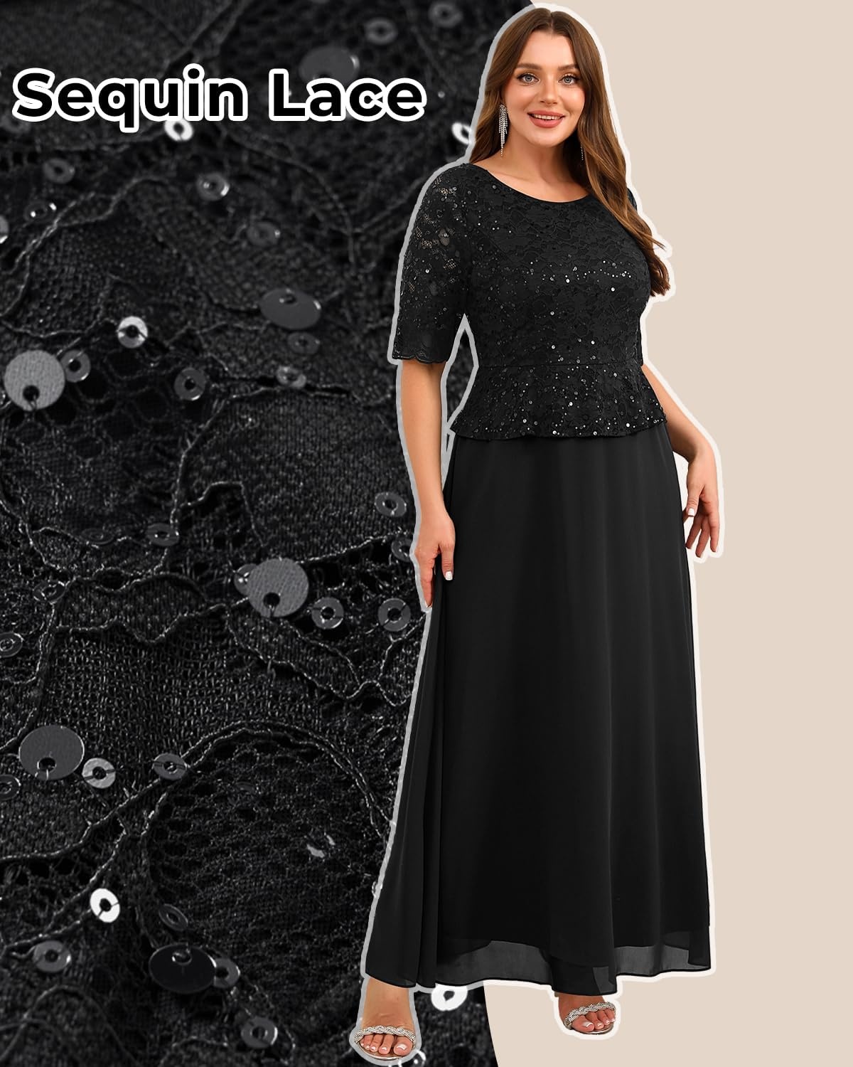 Plus Size Formal Dresses – Mother of The Bride Evening Gowns Wedding Guest Sequin Lace Bodice Long Dress Women(Black)