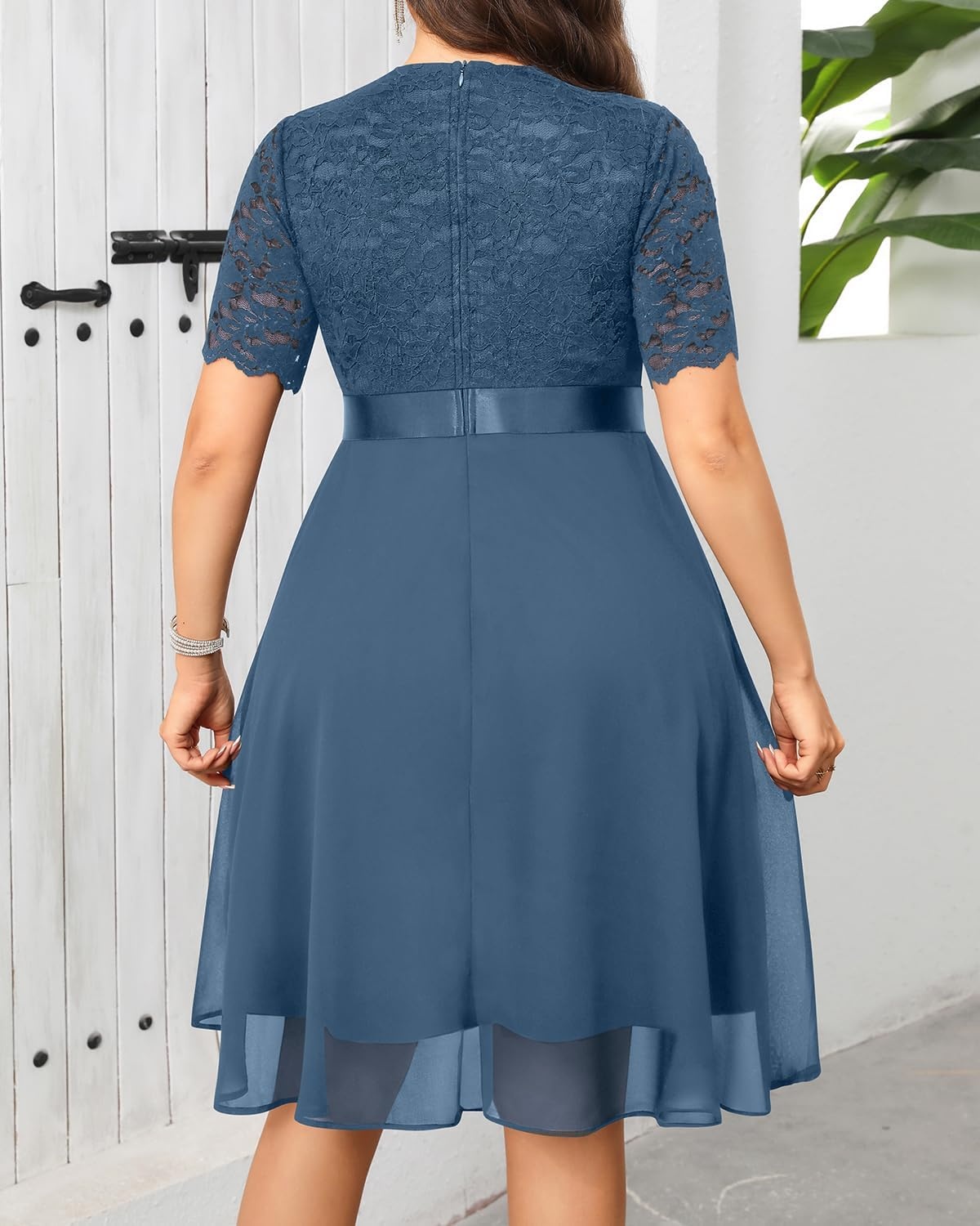 Talisea Plus Size Wedding Guest Dress – Formal Cocktail Party Ruffle Elegant Tea Length Lace Chiffon V Neck Midi Dresses(Grey Blue)