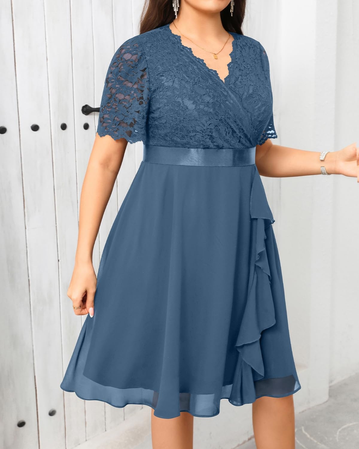 Talisea Plus Size Wedding Guest Dress – Formal Cocktail Party Ruffle Elegant Tea Length Lace Chiffon V Neck Midi Dresses(Grey Blue)