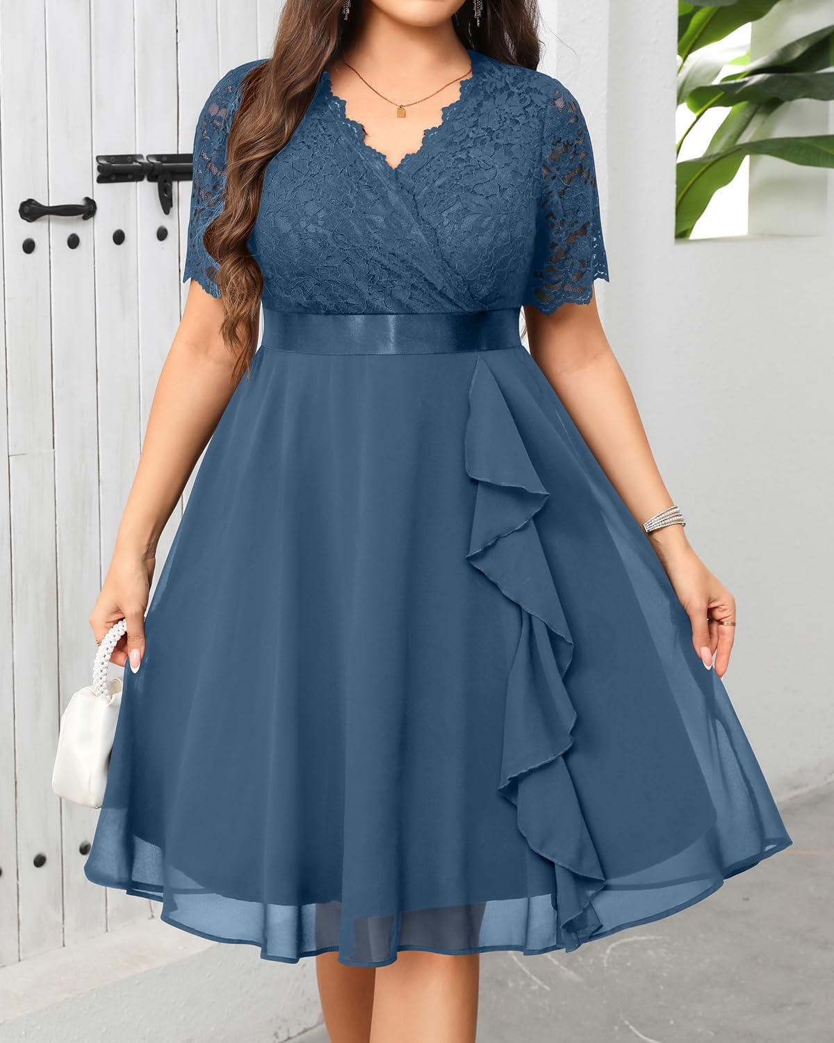 Talisea Plus Size Wedding Guest Dress – Formal Cocktail Party Ruffle Elegant Tea Length Lace Chiffon V Neck Midi Dresses(Grey Blue)