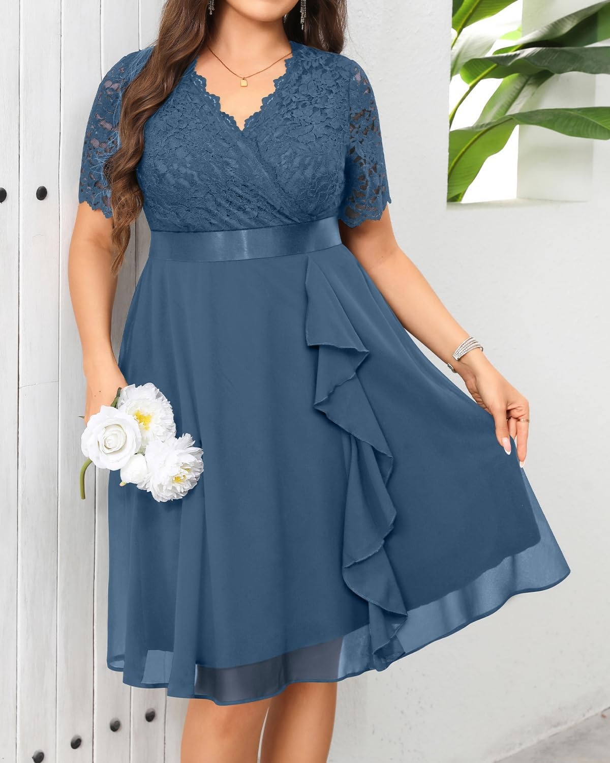 Talisea Plus Size Wedding Guest Dress – Formal Cocktail Party Ruffle Elegant Tea Length Lace Chiffon V Neck Midi Dresses(Grey Blue)