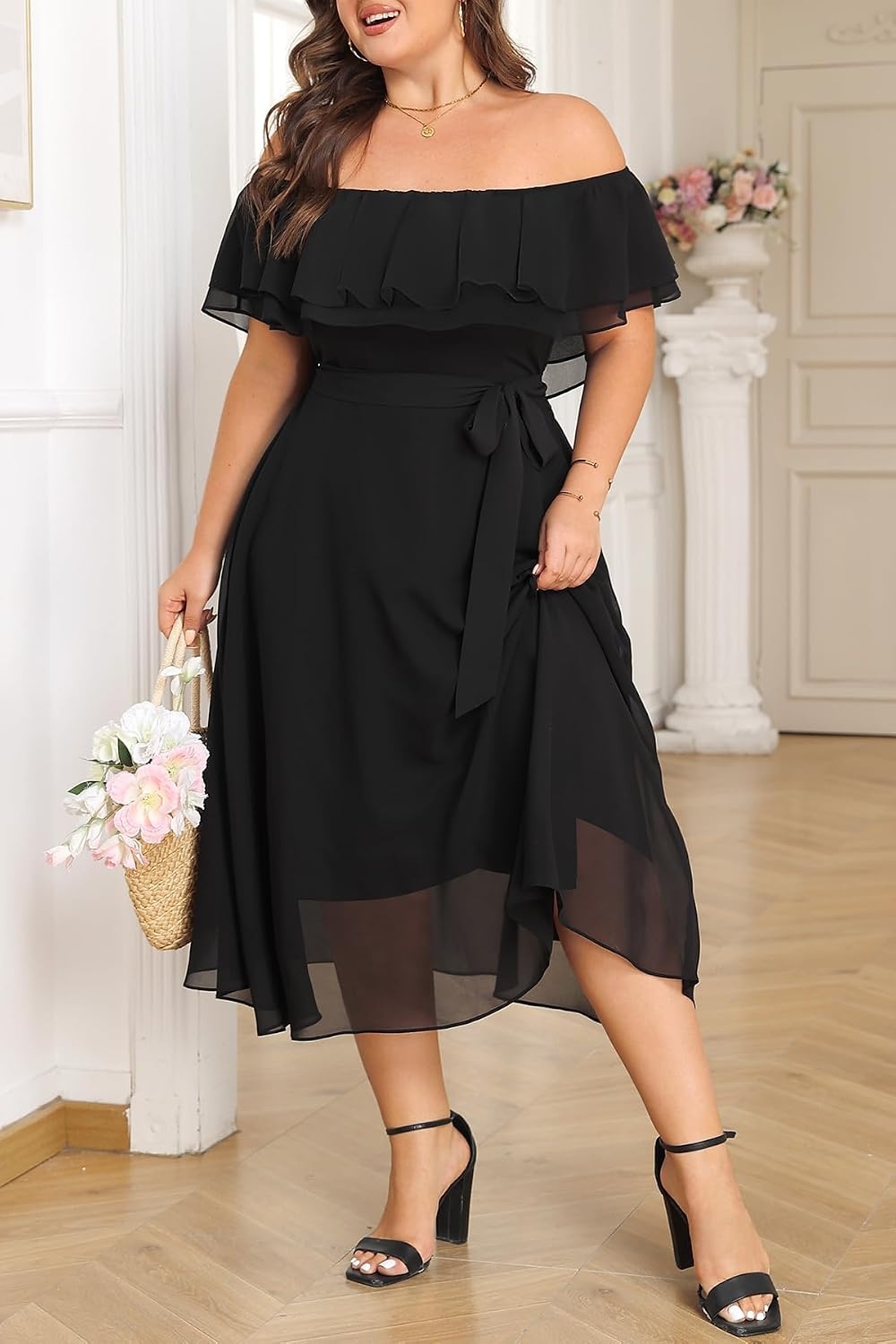 Plus Size Dresses Wedding Guest Off the Shoulder Chiffon A-Line Midi Dress | Plus Size Cocktail Wedding Guest Dresses Women Chiffon Off the Shoulder Midi Dress Elegant Semi Formal A-Line Dress with Belt(Black)