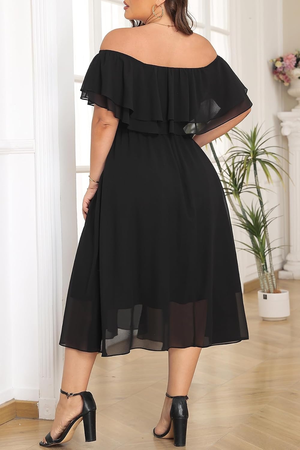 Plus Size Dresses Wedding Guest Off the Shoulder Chiffon A-Line Midi Dress | Plus Size Cocktail Wedding Guest Dresses Women Chiffon Off the Shoulder Midi Dress Elegant Semi Formal A-Line Dress with Belt(Black)