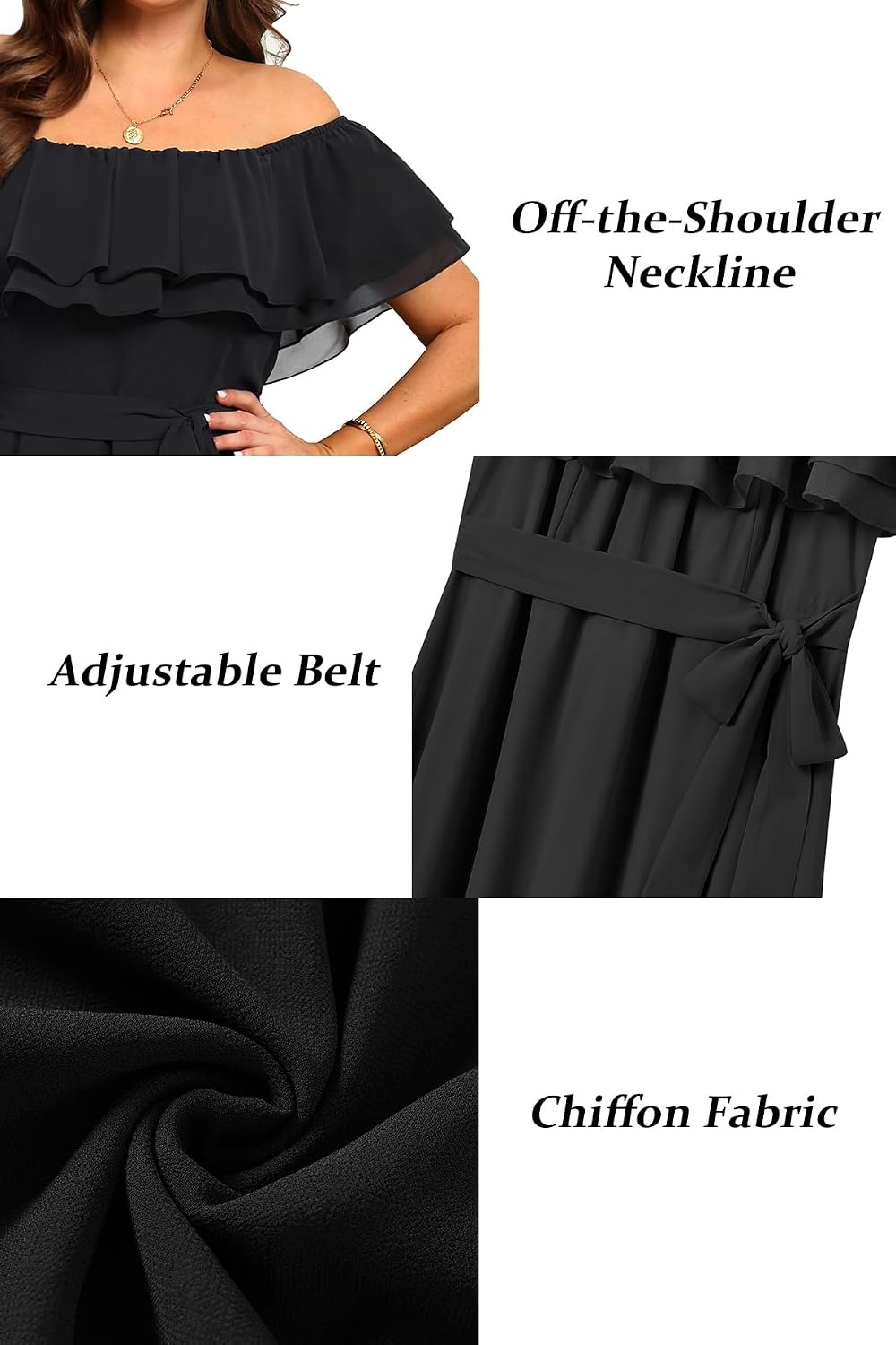 Plus Size Dresses Wedding Guest Off the Shoulder Chiffon A-Line Midi Dress | Plus Size Cocktail Wedding Guest Dresses Women Chiffon Off the Shoulder Midi Dress Elegant Semi Formal A-Line Dress with Belt(Black)