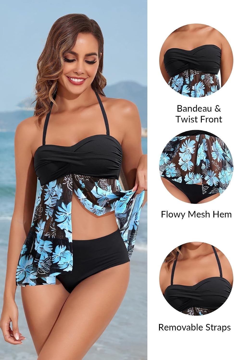 Talisea Women Bandeau Tankini Top Only Mesh Strapless Swimsuits Top Halter Flyaway Bathing Suits No Bottom(Black Blue Flower)